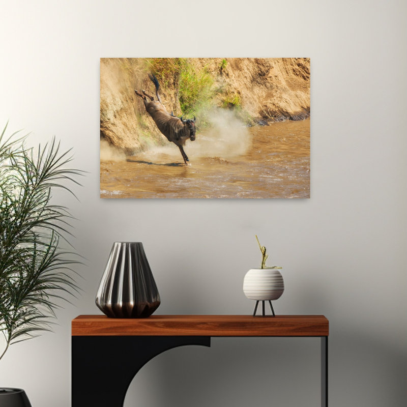 Wildebeest River Jump Dramatic Abstract Contemporary Animal Nature Wall Art Print 1 Piece Wrapped Canvas Wall Art