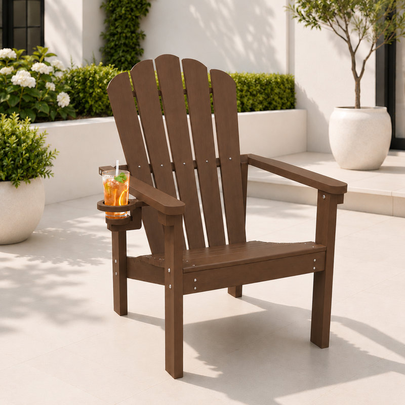 Dareona Pakkdiarie Set of 4 HDPE Stackable Adirondack Chairs with Cup Holders, All-Weather Outdoor Patio Chairs, 4, Brown
