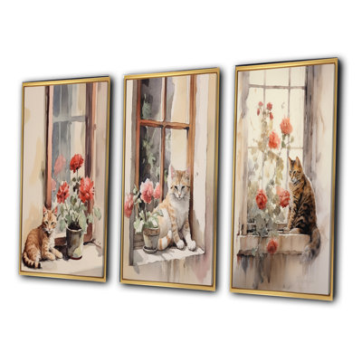 " Orange Cat Sitting On Windowstill Watercolor " 3 - Pieces
