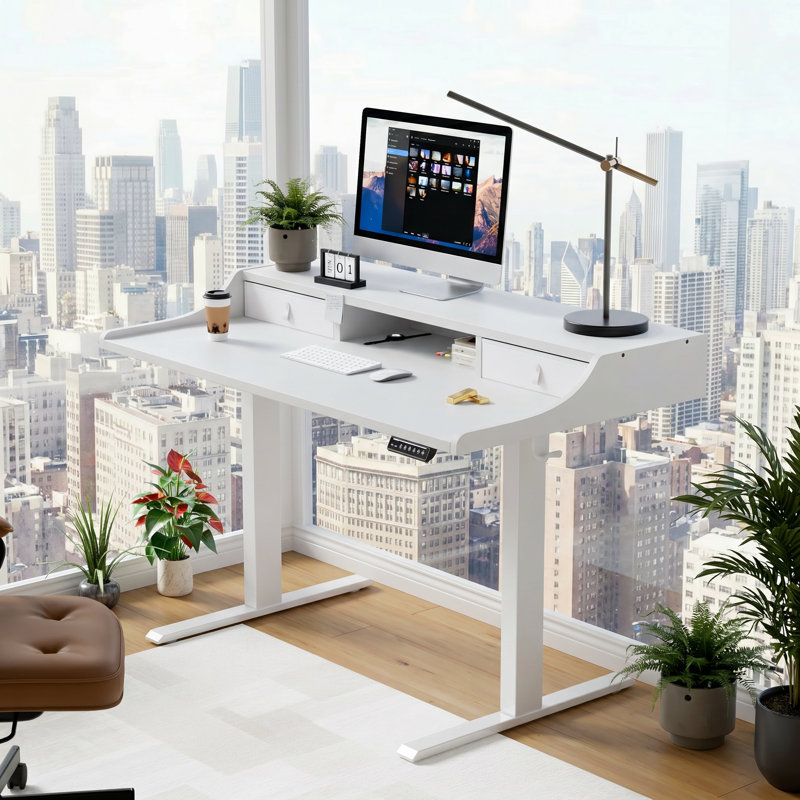 Bureau électrique debout avec tiroirs, bureau d'angle ergonomique et peu encombrant pour le bureau à domicile, avec 2 tiroirs de rangement et 4 boutons de mémoire de hauteur préréglés