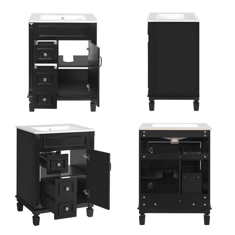 Meuble-lavabo moderne noir 24 po avec lavabo en céramique, petite armoire avec 2 tiroirs à fermeture en douceur et tablette réglable, conception d'inspiration française pour les salles de bain compactes