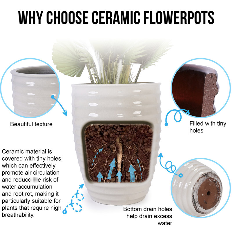 Pot à fleurs en céramique avec finition brillante - toutes saisons, blanc laiteux, sans assemblage, convient aux pots de fleurs blanches de style moderne, avec croissance de racines de drainage intégrée