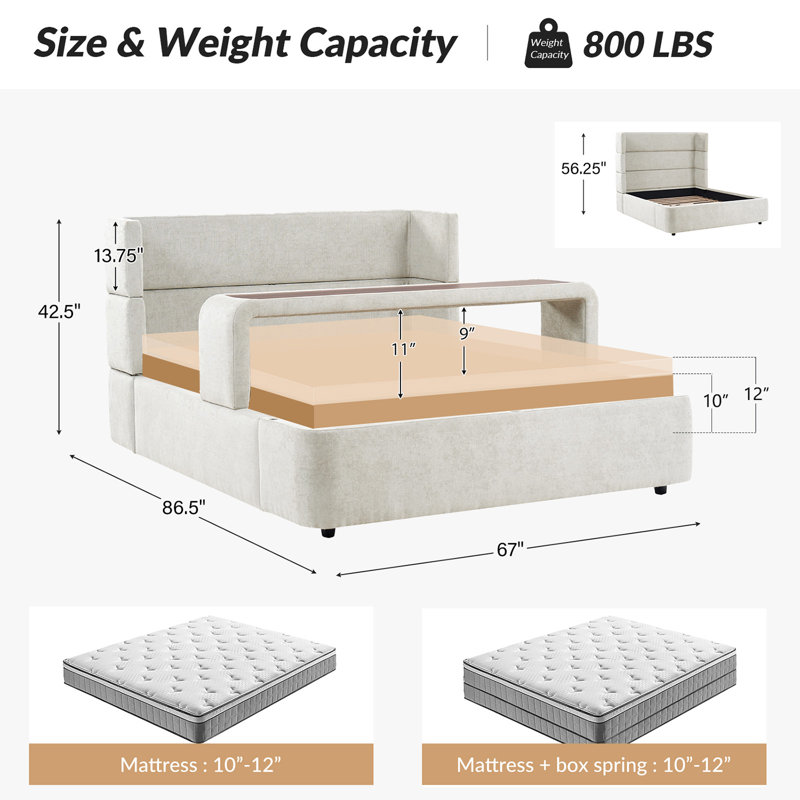 Lit modulaire rembourré à oreilles avec table de lit Lyth 5-en-1, Ivory, Grand