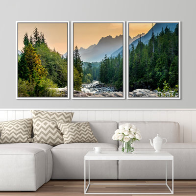 Nature Landscape "Colorado Forest Mountain Natural Artwork, Majestic Modern Organic Panoramic Photograph Wall Pictures, Framed Canvas Giclée Print 3 Pieces Wall Art" 16"x24"x3 pcs, 24"x36"x3 pcs