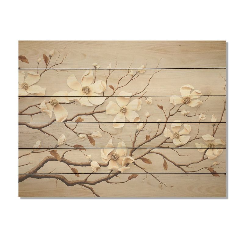 White Dogwood Blossom Harmony I - Dogwood Wood Wall Art On Natural Pine Wood, 24" H x 32" W