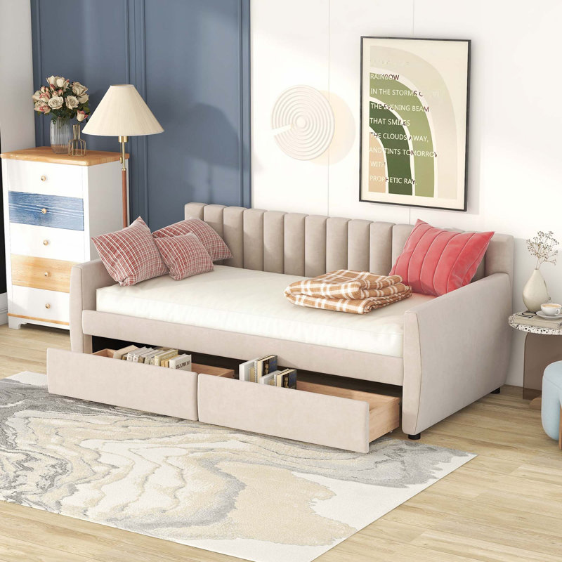 Lit de jour rembourré avec tiroirs, Beige