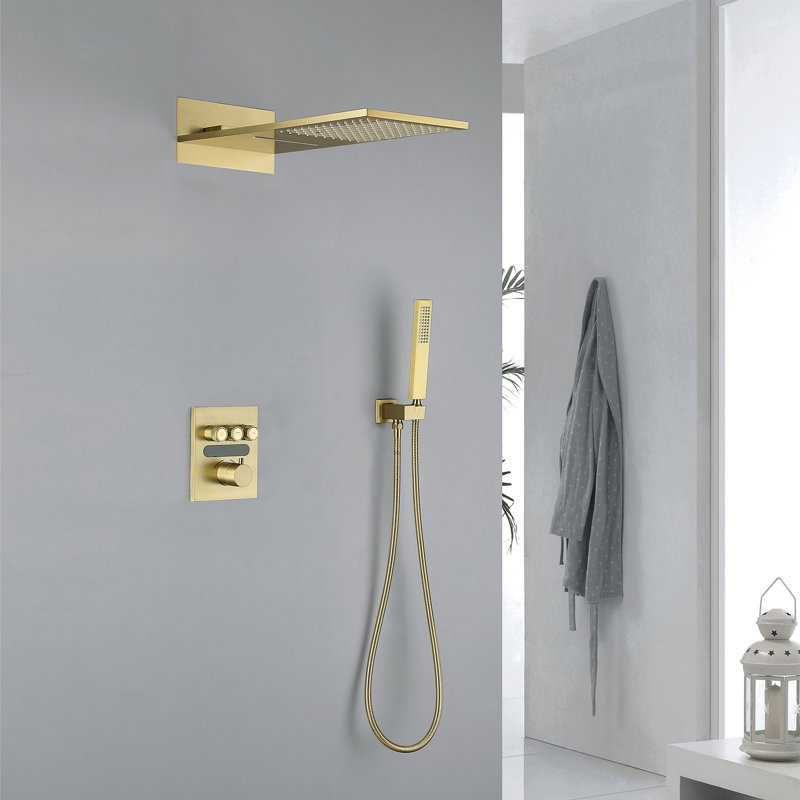 LCD Digital Shower System with 21” Rainfall Shower and Head Handheld Spray, Temperature Display, Brushed Gold