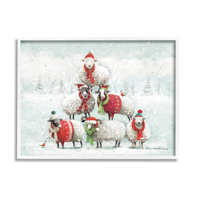 «Winter Sheep Snowy Farm Animals» encadré sur bois par Roy Thompson, peinture