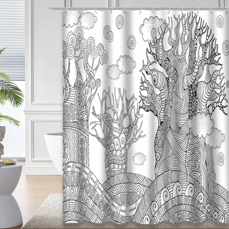 Black White African Tree Coloring Book Shower Curtain with 12 Hooks, L 72 po x l 72 po