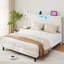 Structure de lit double rembourrée, DEL et charge, tête de lit avec rangement, sans sommier, beige-130085719-130085720