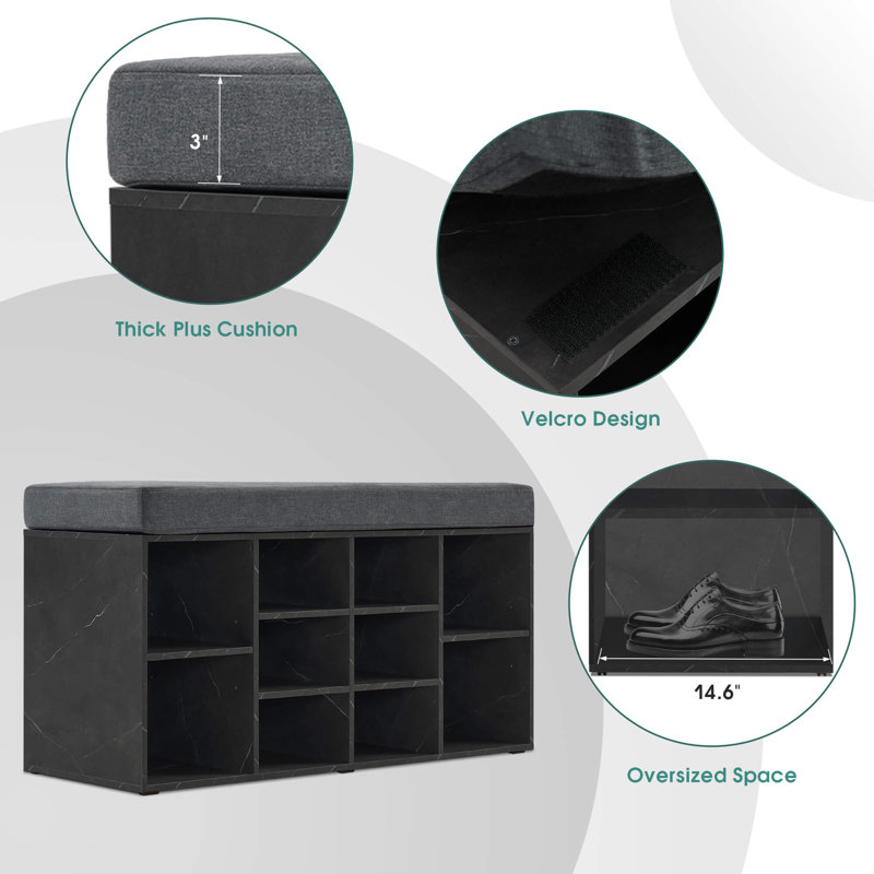 Ivinta White Shoe Storage Bench with Gray Cushion and 10 Cubbies