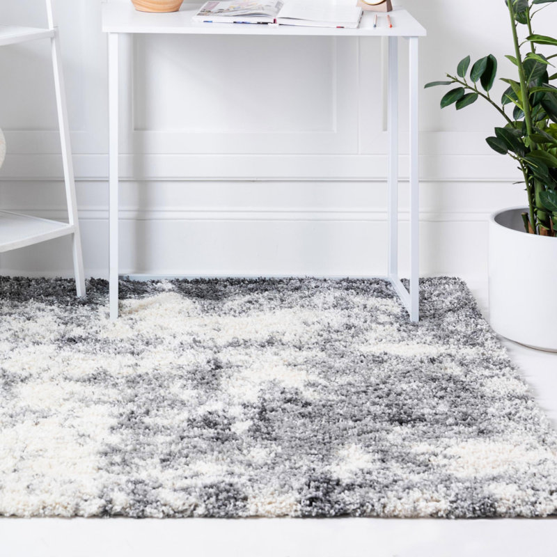 Tapis abstrait en polypropylène tissé à la machine en ivoire / gris, Carré 8 pi