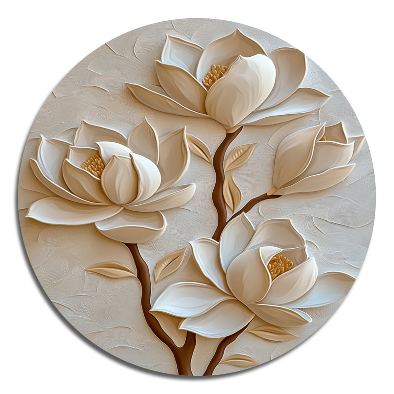 Beige Magnolia Glow - art mural éclectique moderne en métal, impression murale blanche, H 16 po x l 16 po