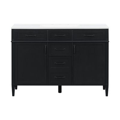 Meuble-lavabo autoportant 48 po avec 4 tiroirs, 2 portes, tablettes réglables et poignées noires