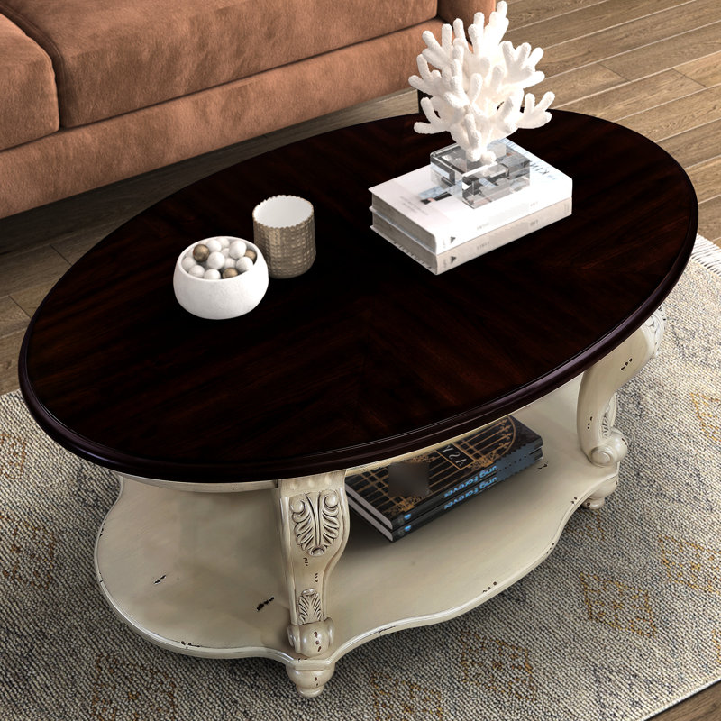 Table basse de salon en bois massif de 42 po, 2 tablettes à insertion, beige et flamme, ovale facile à assembler pour le plaisir, tablette, chatoyant, proposé