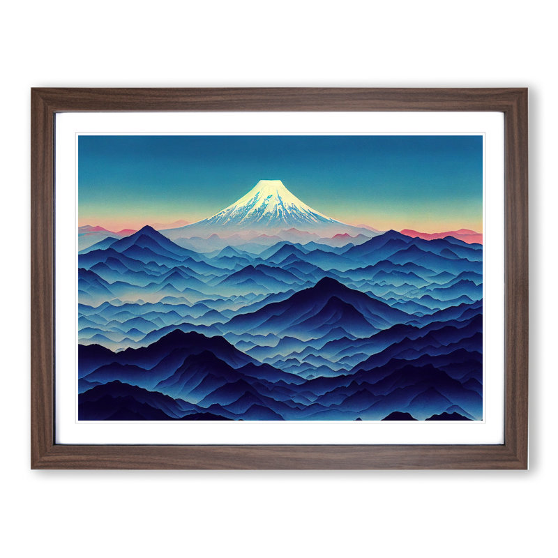 Flowing Japanese Mountains - Single Picture Frame Print, 46cm H x 64cm W x 2cm D, Walnut