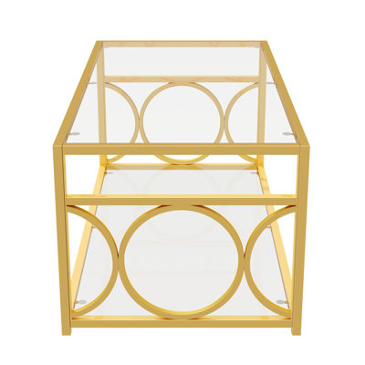 Modern Luxury Rectangular Glass Coffee Table, Art Deco Center Cocktail Table with Gold Metal Frame & Lower Storage Shelf for Living Room, Transparent