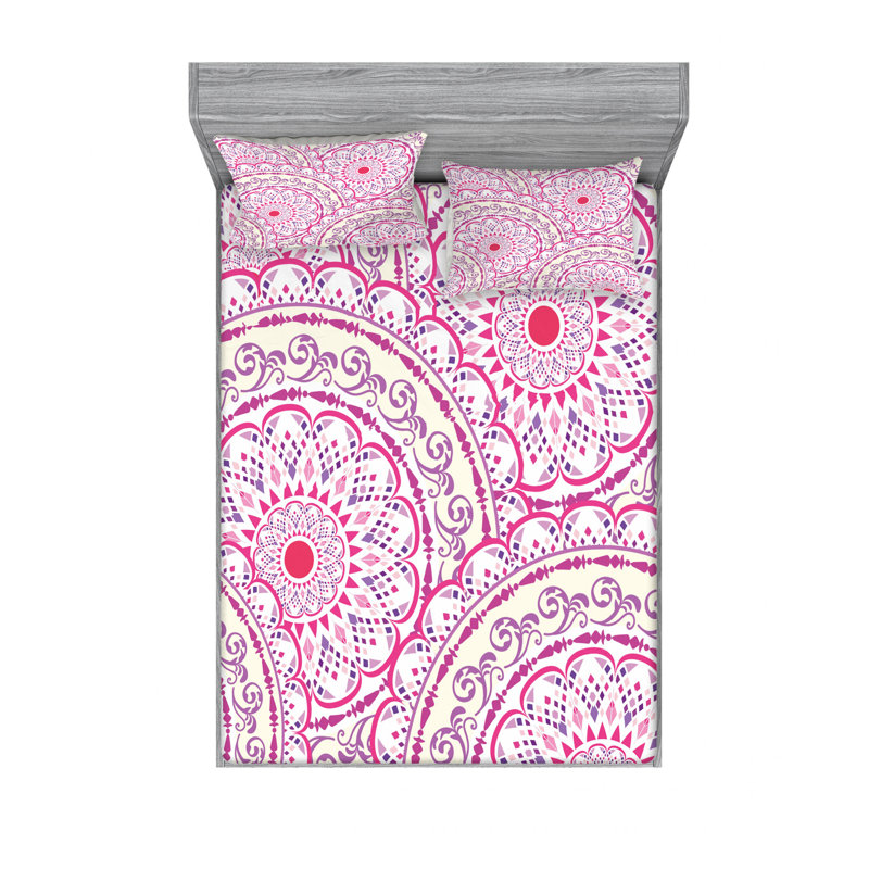 Ensemble de draps Ornament, Ensemble de draps pour lit double + un drap-housse, Rose / blanc, motif floral 1