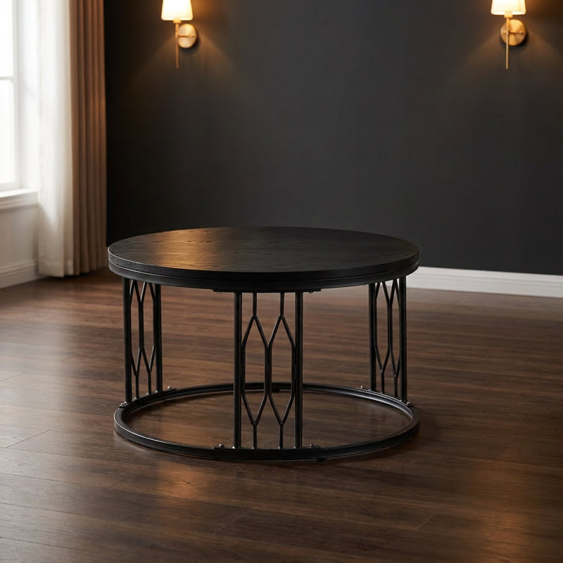 Table basse ronde en panneau de fibres à densité moyenne, conception industrielle rustique, pieds en métal robustes, table d'appoint polyvalente, table de loisirs résistante à l'usure, aux égratignures, faible entretien, longue durée de vie