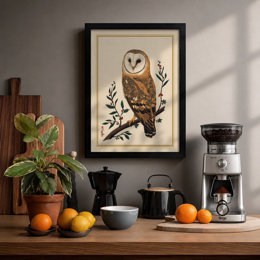 Barn Owl on Branch Botanical - Framed Print