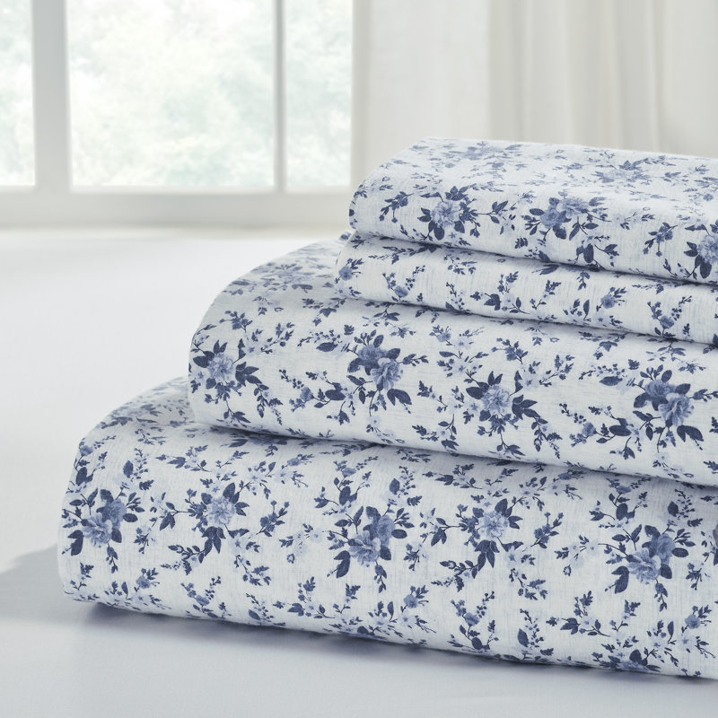 Ensemble de draps en flanelle 100% coton 4 pièces Modern Soft - doux et durable pour toutes les saisons, Floral breton