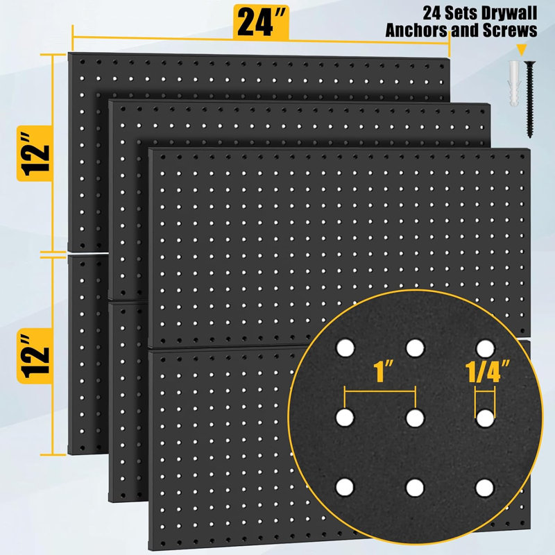 Lot de 6 panneaux perforés métalliques noirs 61 x 30,5 cm, organisateur mural robuste avec chevilles et vis pour cloisons sèches, idéal pour le rangement des outils de jardin et de garage.
