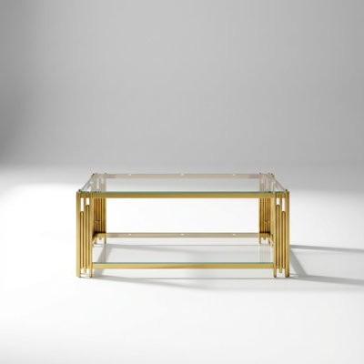 Modern Rectangular  Glass Coffee Table with Asymmetrical Metal Frame and Lower Storage Shelf