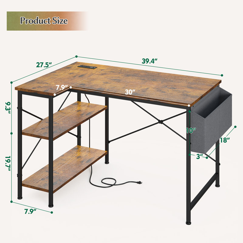 Bureau d'ordinateur en bois manufacturé en L Ciupan avec prise de courant, H 29 po x l 39,4 po x P 27,5 po, Noir / brun