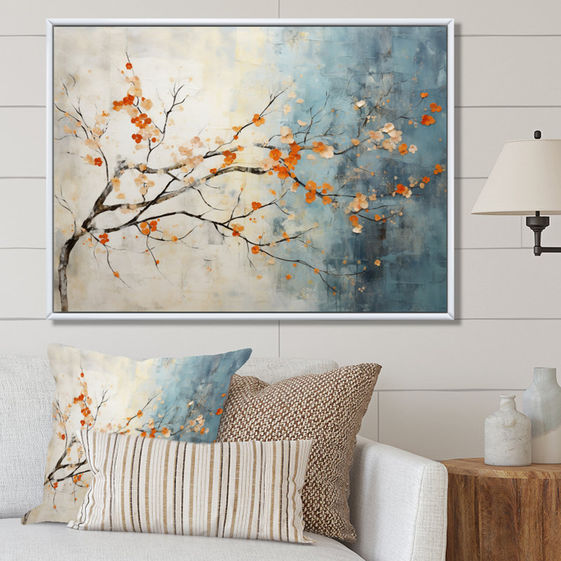 Orange, bleu sarcelle, érable, incandescent V - art mural érable, H 30 po x l 40 po x P 1,5 po, Cadre flottant blanc