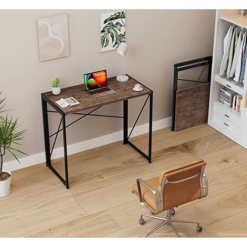 Rustic Brown Folding Computer Desk, No Assembly Space Saving Writing Table, 28.4" H x 31.5" W x 15.8" D