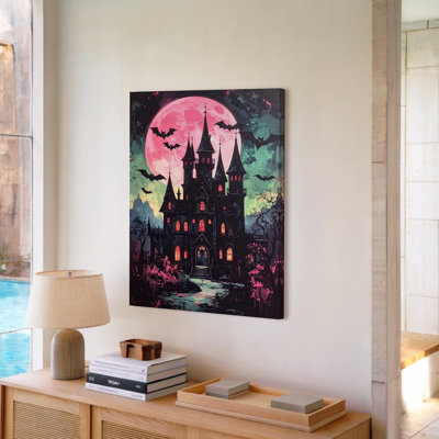 Wall Art Haunted Gothic Castle Pink Moon And Green Sky Halloween Art Canvas Ready To Hang Gallery Wrapped Home Decor Modern Design