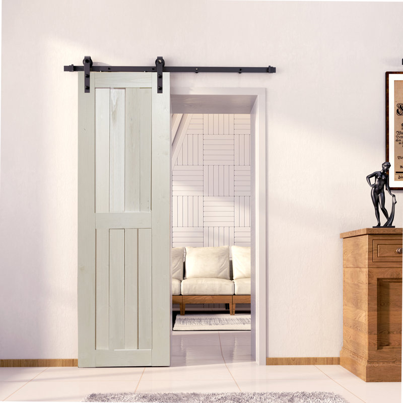 Tinsmith Gray Solid Pine Wood Barn Door with Black Hardware Kit