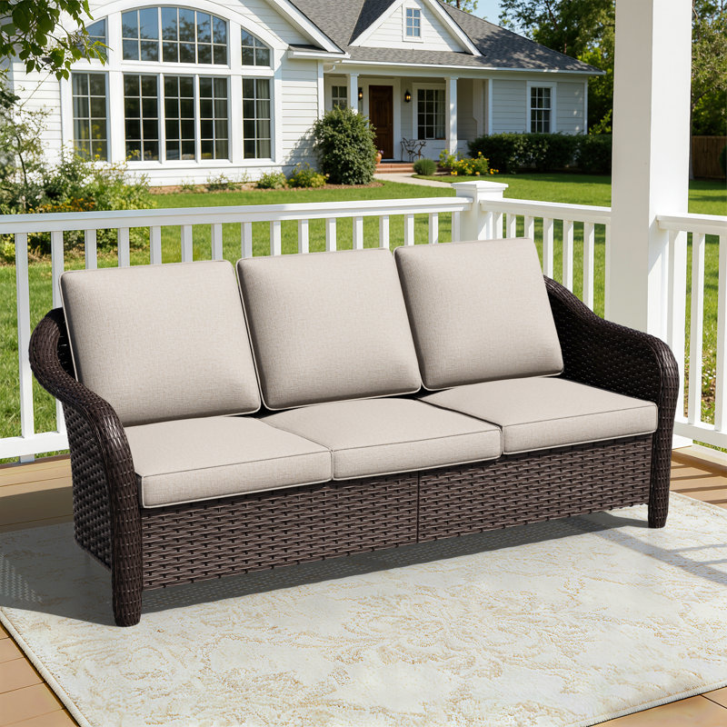 Canapé d'extérieur en rotin pour terrasse avec coussins 3 personnes, Beige