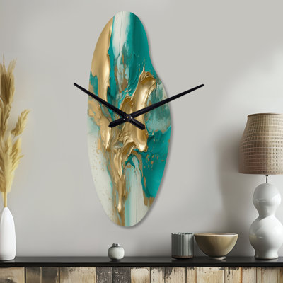 Horloge murale asymétrique en métal or et turquoise, encre fluide en marbre II