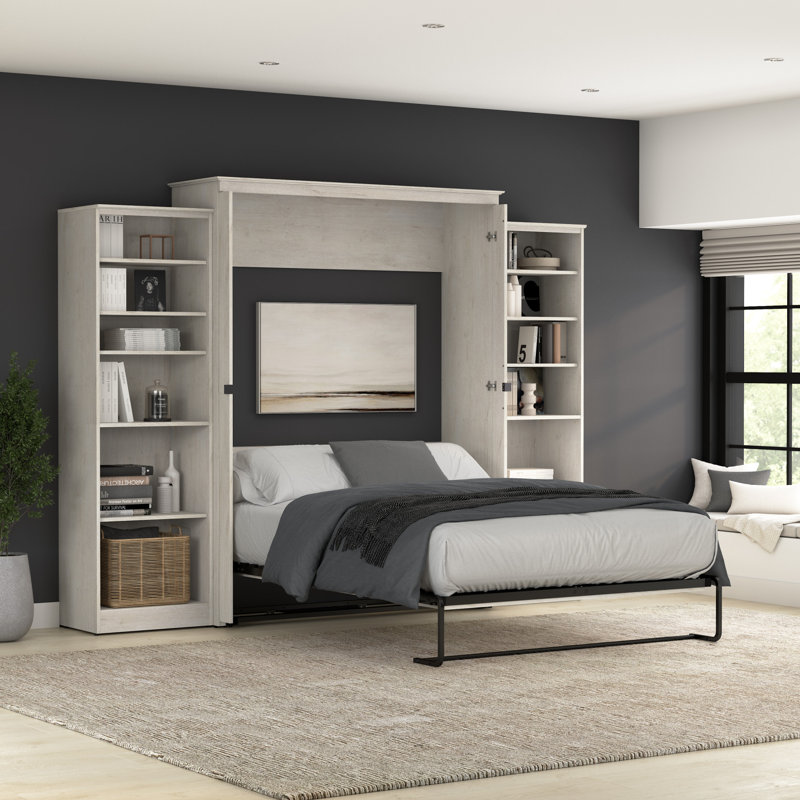 Murphy Bed With Shelving Units, Linen White Oak, Queen