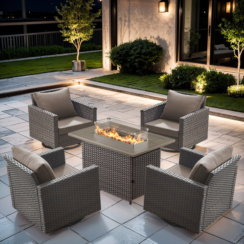 Ensemble de conversation d'extérieur 4 personnes avec foyer Kreda et fauteuil pivotant avec coussins, Gris