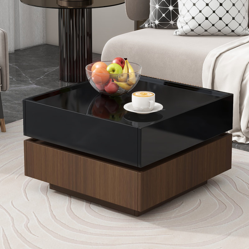 Table basse multifonctionnelle carrée rotative à 360 ° avec 2 tiroirs, table centrale à 2 niveaux ultrabrillante avec plateau pivotant et rangement, table d'appoint en noyer pour le salon