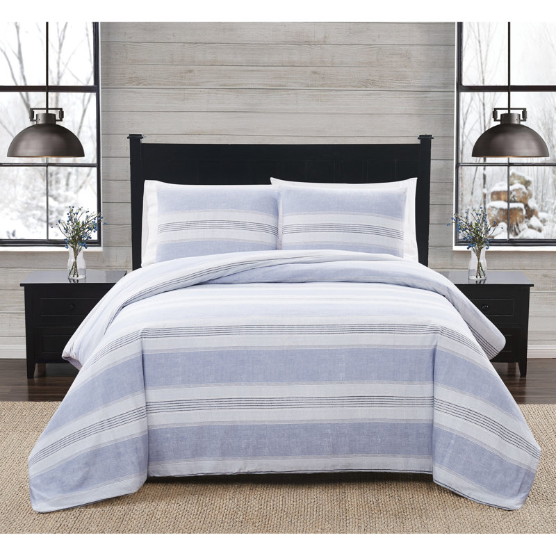 London Fog Stripe Flannel Duvet Cover Set, Queen Duvet Cover + 2 Standard Shams