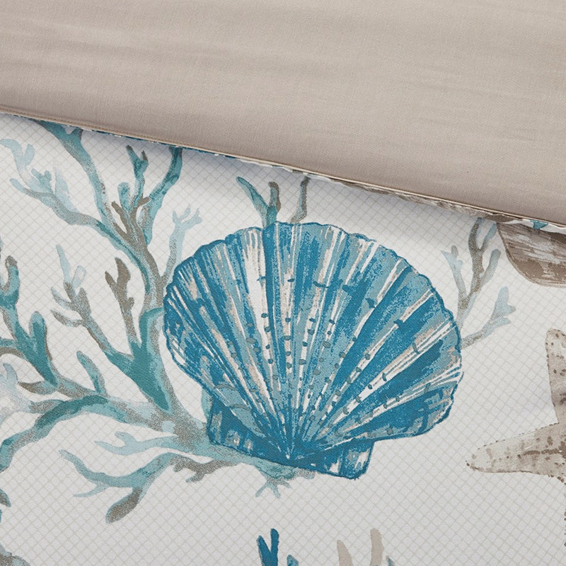 Édredon pour grand lit 7 pièces - coquillages imprimés, étoiles de mer et coraux de couleur bord de mer sarcelle, Turquoise