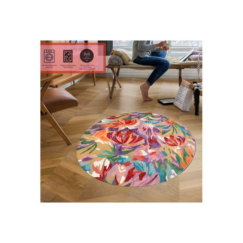 Tapis rond lavable coloré, Sous-tapis rond 3 pi 11 po inclus