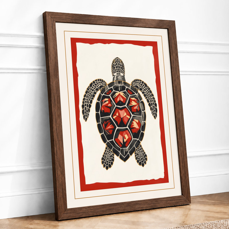 Ornamental Sea Turtle Coastal - Framed Print, A2 - 59.4 x 42.0 cm, Walnut