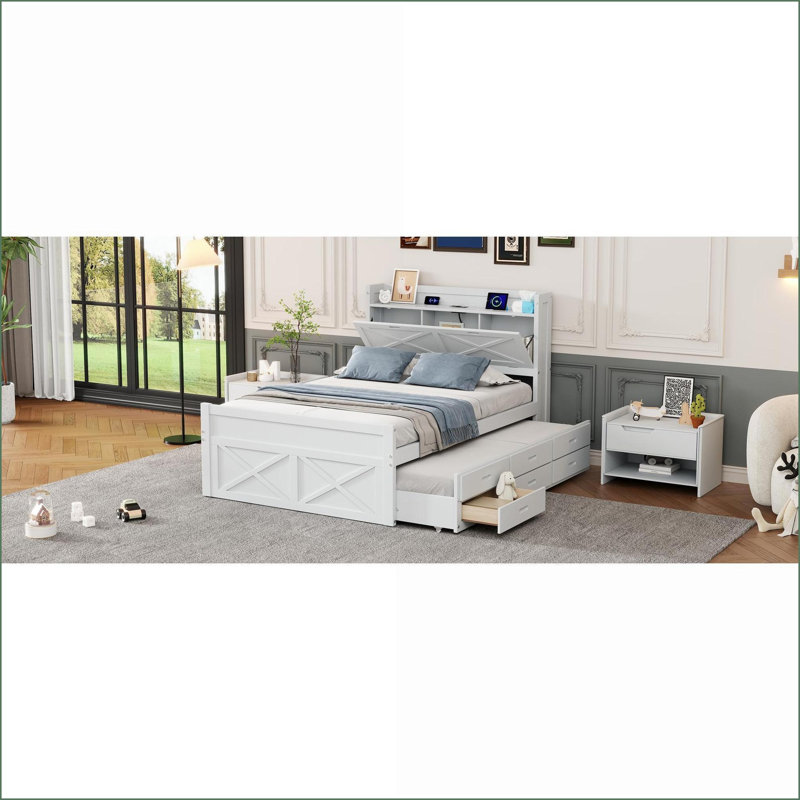 Lit de rangement en bois avec prises de courant, lit gigogne simple et tiroirs - Blanc pour chambres à coucher modernes