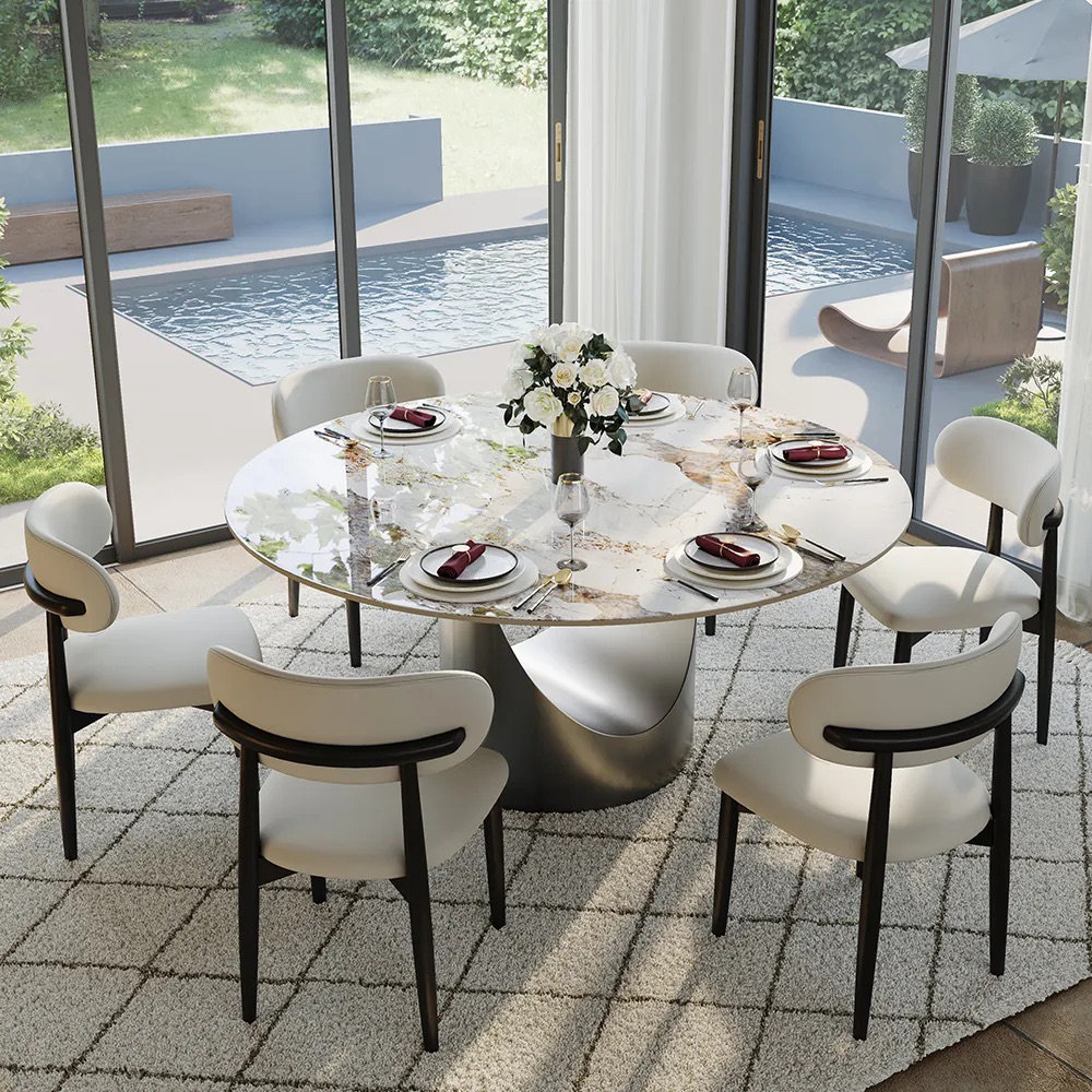 POVISON Modern Sintered Stone Round Dining Table With Pedestal Base ...