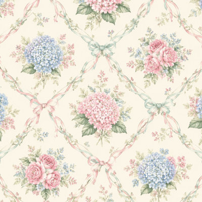 Peel and Stick Wallpaper Floral Hydrangeas Roses Ribbon Cream Contact Paper Removable Self Adhesive Wall Mural Wall Decor for Bedroom Kitchen Cabinets 24in x 118in