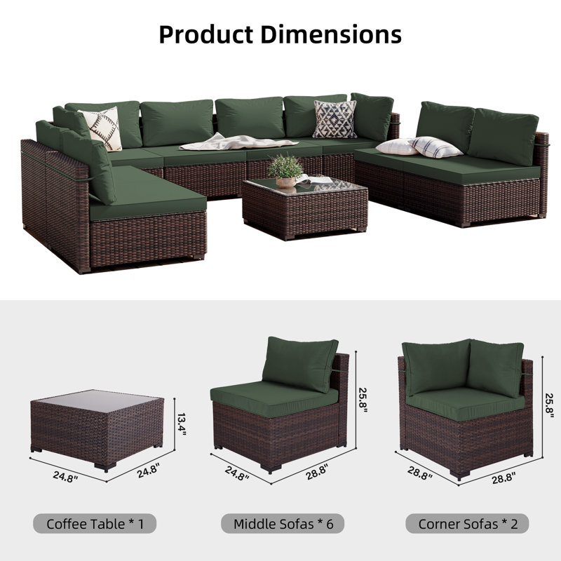Rosaelena Wicker 8 - Person Modular Patio Conversation Set with Cushions, Green, Brown