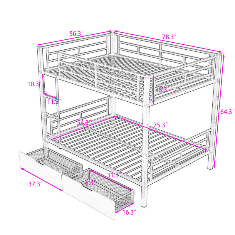 2 Drawers Metal Full Over Full Bunk Bed With Guardrails And Ladder, Convertible To 2 Beds