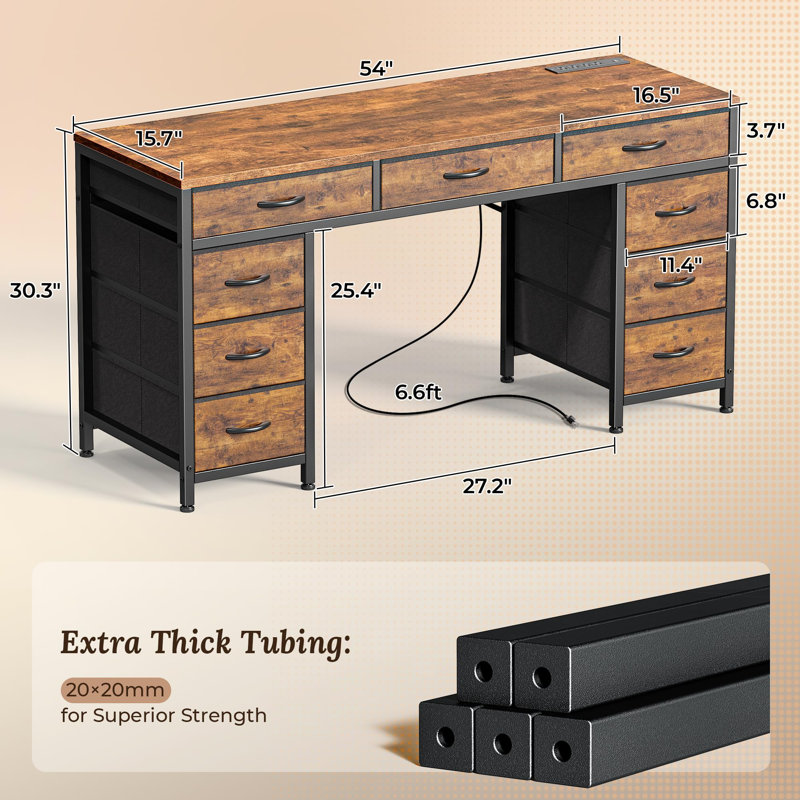 Bureau de 54 pouces avec prises, Brun rustique / brun rustique