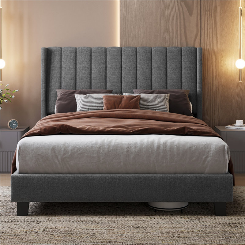 Upholstered Bed Frame with Channel Tufted Headboard, Light Grey, Kingsize (5')