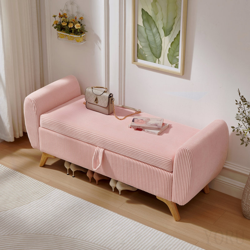 Banc rembourré en velours côtelé de 57 po de conception moderne avec pieds de rangement en bois pour chambre à coucher, couloir rose