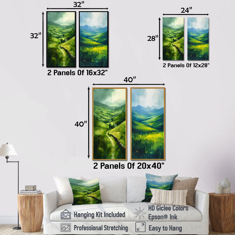Green Emerald Hills In Ireland I - ensemble d'art mural irlandais 2 pièces, H 28 po x l 24 po, Toile tendue